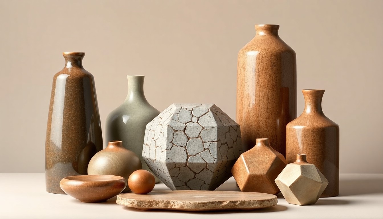 A minimalist, photorealistic studio still life featuring a collection of polished, geometric objects in muted earth tones, conceptually representing the preservation and revitalization of Steamboat Springs' historic downtown district.