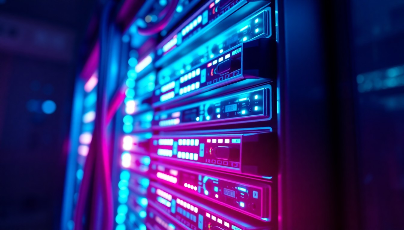 A highly detailed, glowing 3D macro illustration of a cloud storage server rack, with neon cyan and magenta lights illuminating the hardware components, conceptually representing Backblaze's cloud infrastructure powering media workflows.