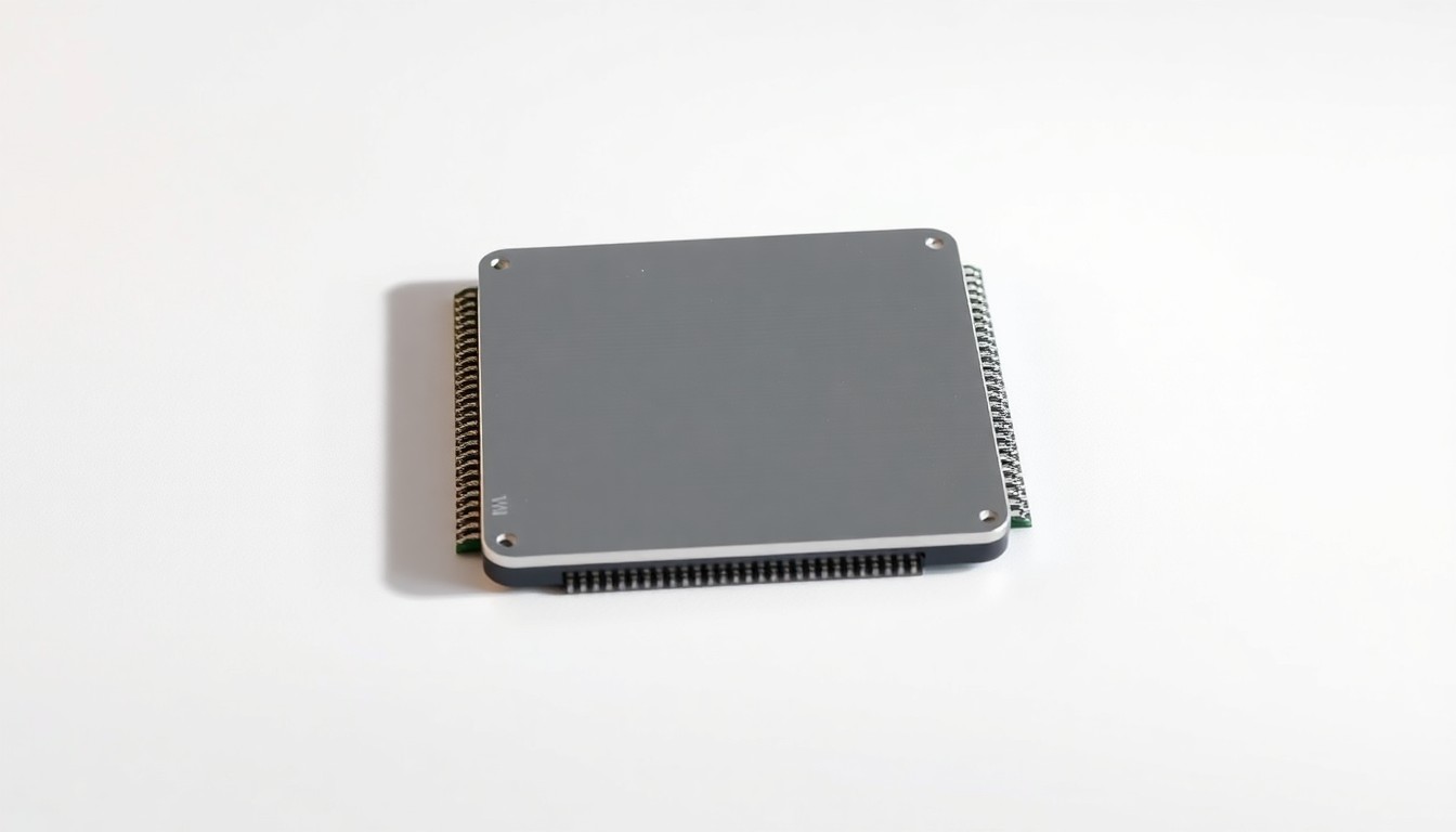 A highly detailed, photorealistic studio photograph of a sleek, silver-colored computer processor chip or circuit board component, arranged elegantly on a clean white background and dramatically lit to conceptually represent the financial performance and innovation of the technology sector.