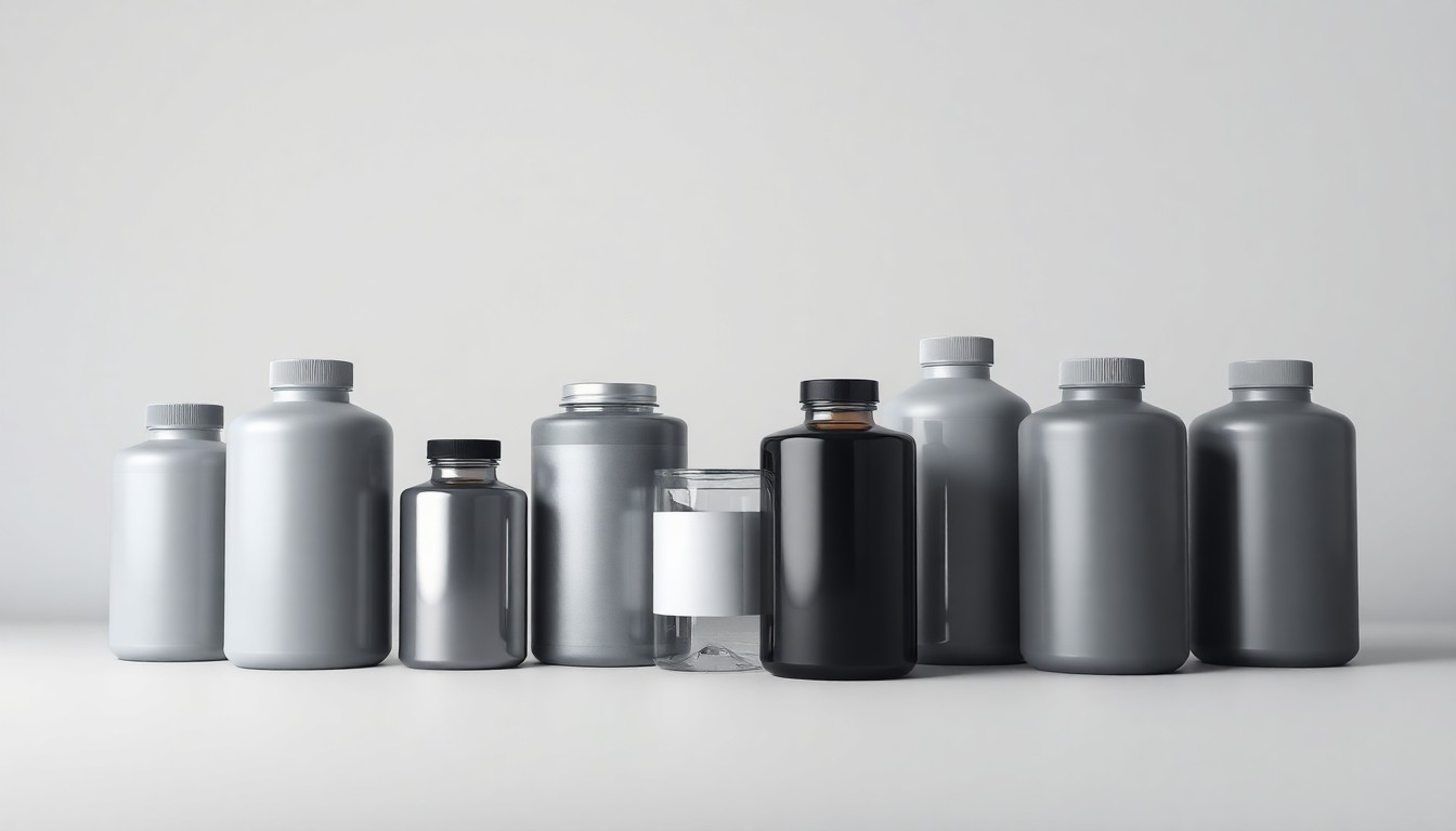 A high-end, photorealistic studio still-life photograph featuring a group of sleek, geometric chemical containers in various shades of gray, silver, and black, arranged elegantly on a clean, monochromatic seamless background, conceptually representing the abstract concepts of supply chain costs and corporate strategy in the chemical manufacturing industry.