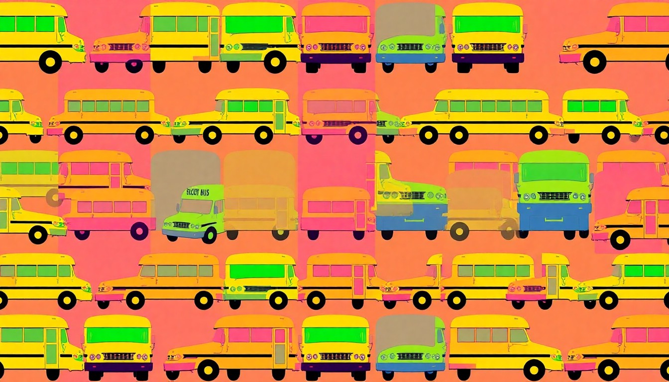 A bold, colorful silkscreen-style illustration featuring a repeating icon of a school bus in vibrant neon shades, conceptually representing the transition and evolution of leadership in the Triad school district.