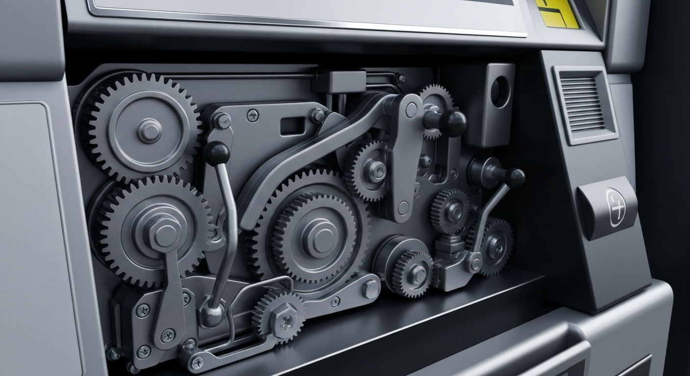 A highly detailed, cinematic close-up of the inner workings of a car rental kiosk, with gears, sensors, and levers in shades of steel grey and chrome, representing the complex financial infrastructure of the car rental industry.