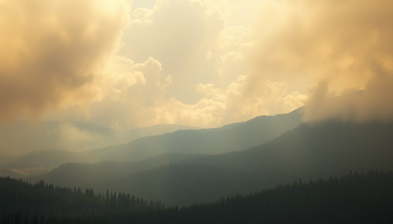 A vast, majestic landscape painting in muted earth tones, with heavy brushstrokes of smoke and haze obscuring the details of the forest, conveying the scale and power of a prescribed burn in the Routt National Forest.