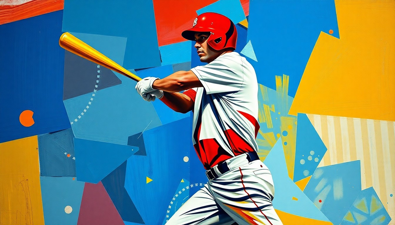 A fractured, cubist-style painting depicting a baseball player in mid-swing, with the player's body and the baseball itself broken down into sharp, overlapping geometric shapes in a vibrant color palette, conceptually representing the explosive energy and dynamic action of a home run.