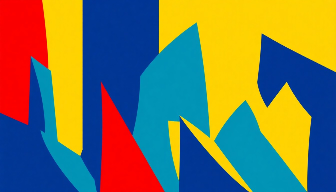 An abstract, minimalist illustration featuring bold, angular shapes in deep blue, bright yellow, and rich red, conveying the vibrant energy and diverse musical styles of the Riverfront Revival festival.
