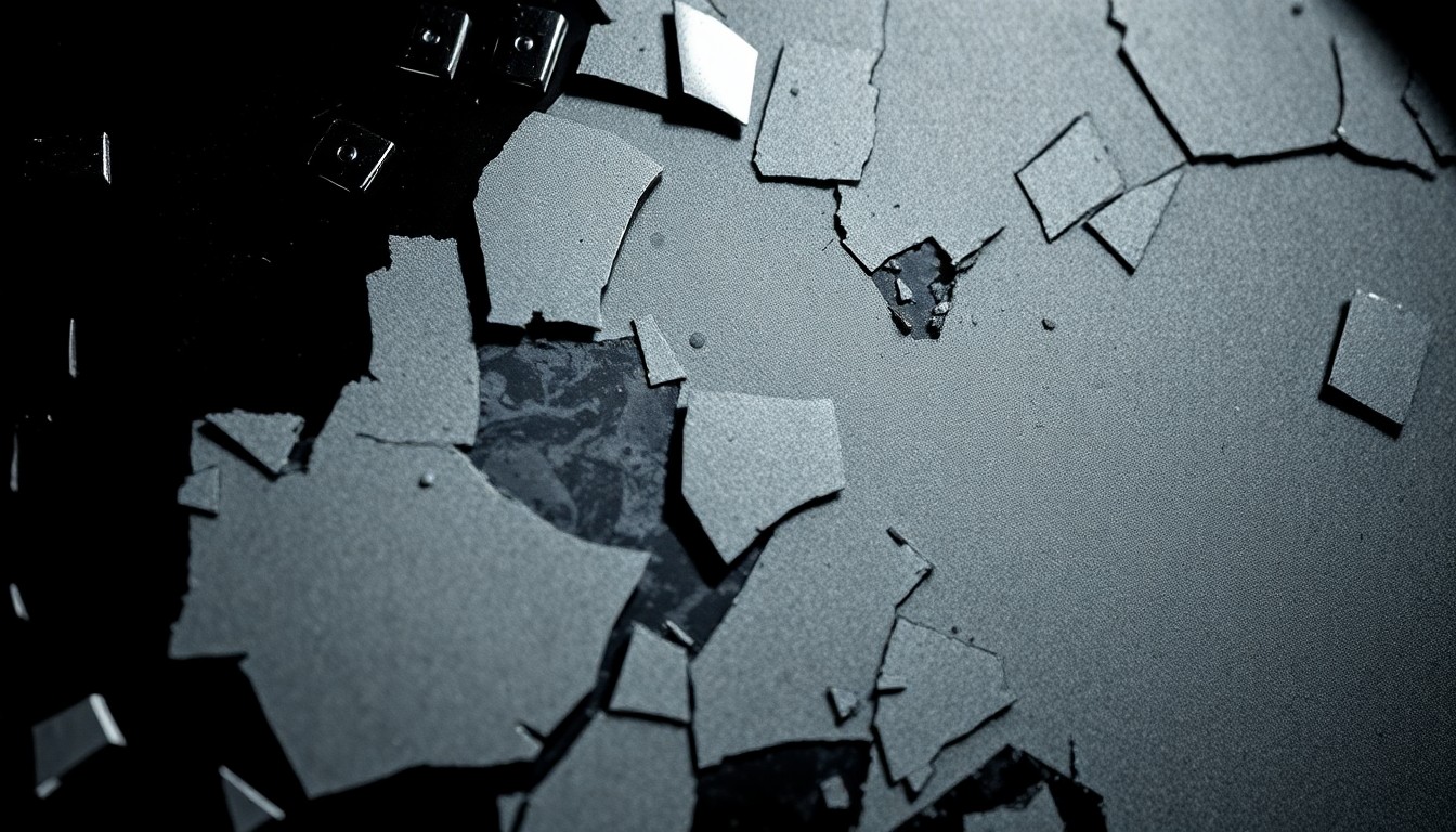 An extreme close-up of a shattered, textured drumhead in dramatic black, grey, and metallic tones, conveying the raw power and energy of live rock drumming.