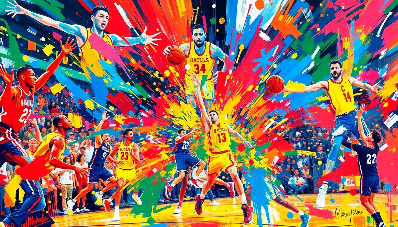 An abstract, expressionist painting in vibrant neon colors, with rapid brushstrokes capturing the frenetic energy and excitement of a March Madness basketball game, players' figures dissolving into unrecognizable splashes of color.