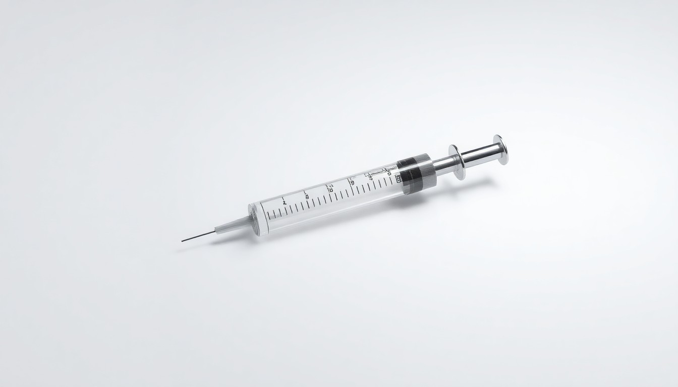 A photorealistic studio still-life photograph of a single, polished metal syringe floating on a clean, white background, conceptually representing the pharmaceutical industry and the abstract concept of regulatory approval.