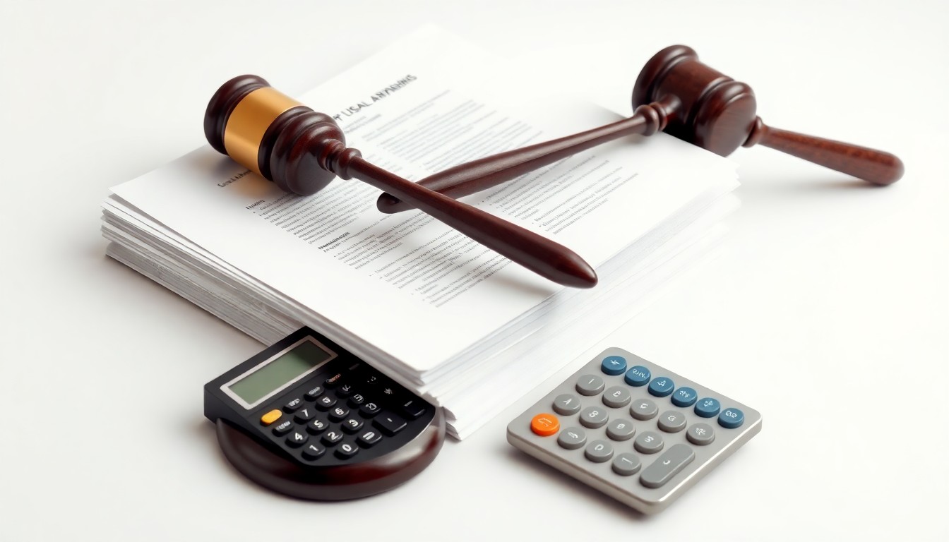 A photorealistic studio still life featuring a stack of legal documents, a gavel, and a calculator on a clean white background, conceptually representing the legal proceedings and financial implications of the alleged stock promotion scheme.