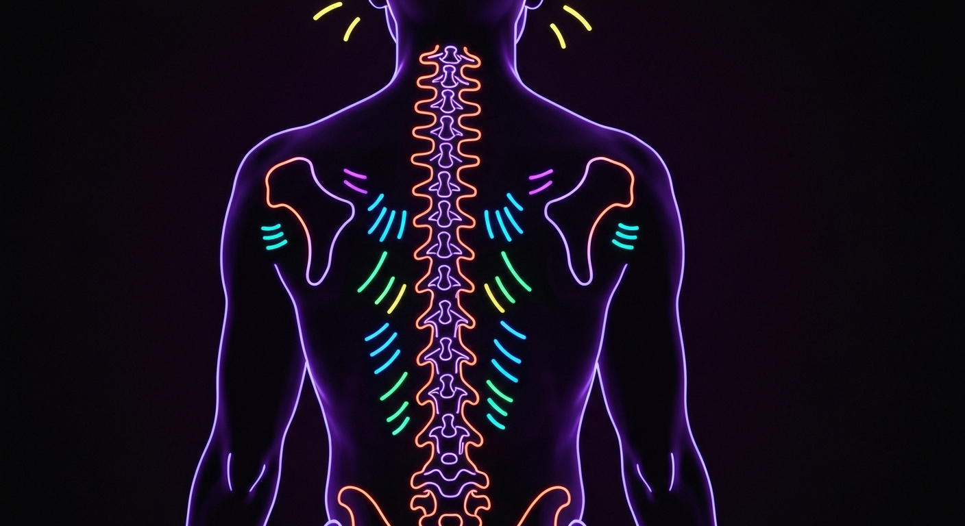 A minimalist illustration of a human spine defined by glowing neon lines against a dark background, conceptually representing the back support focus of the VitaMotion supplement.