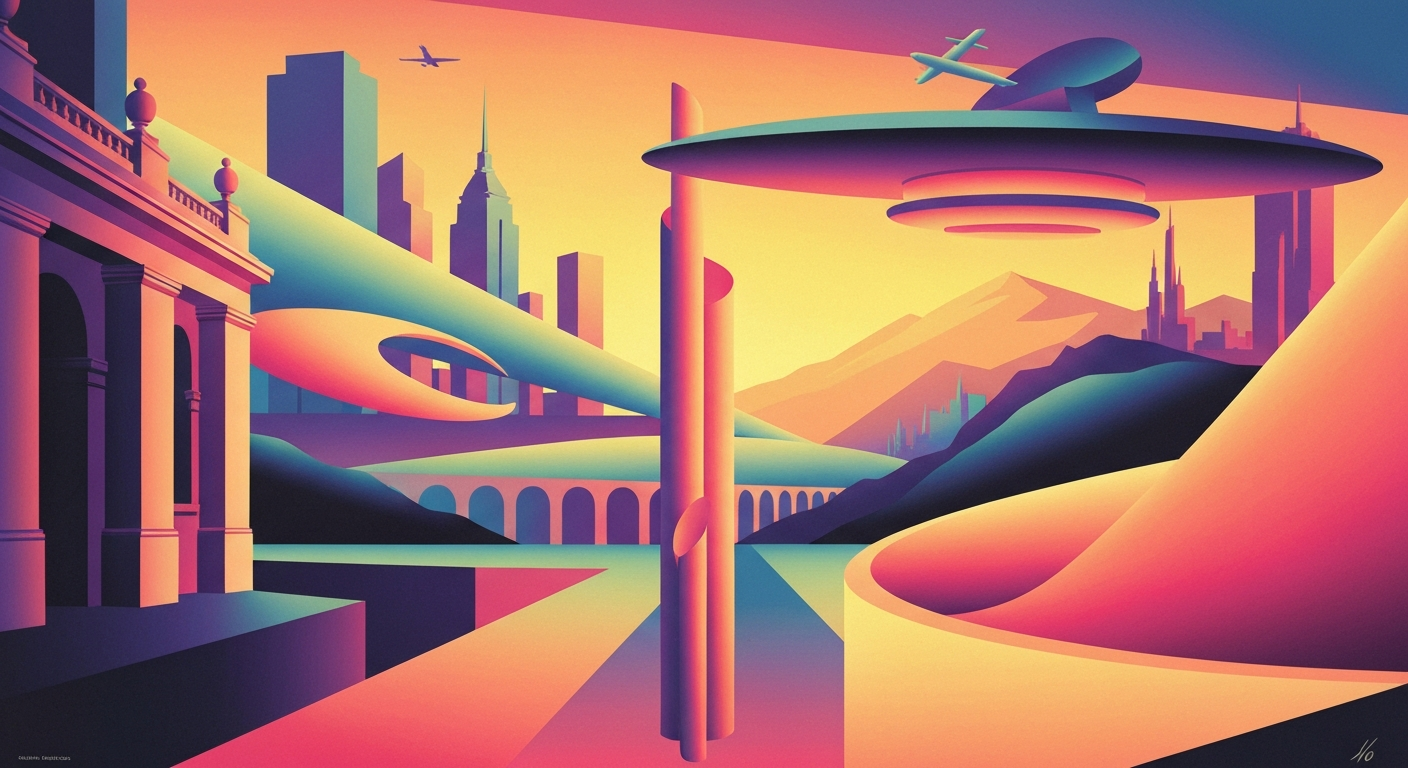 A highly stylized, geometric illustration in the Art Deco style, featuring sweeping gradients of warm colors and towering architectural forms, conveying the grandeur and adventure of travel without any literal depictions.