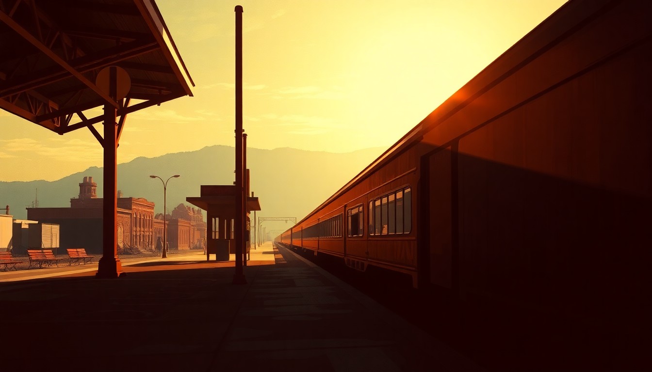 A serene, painterly scene of a train station platform with a single bench under the warm glow of the sun, conceptually representing the nostalgic yet forward-looking spirit of Colorado's new passenger rail system.
