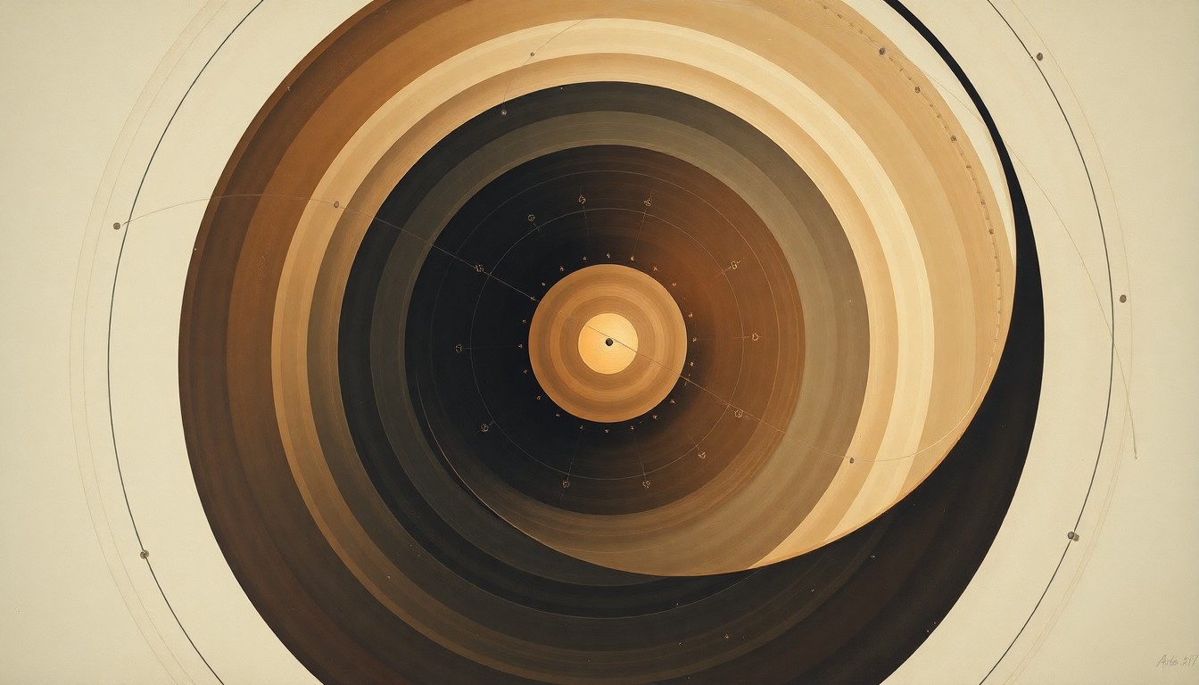 A highly detailed, abstract painting in muted earth tones, featuring sweeping geometric shapes and intersecting waveforms that conceptually represent the complex scientific principles behind Antares' nuclear reactor technology.