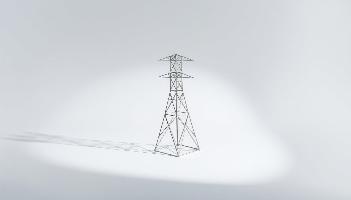 A highly polished, geometric metal sculpture in the shape of an electrical pylon, resting on a clean, monochromatic background and dramatically lit to conceptually represent the abstract concepts of energy infrastructure and corporate strategy.