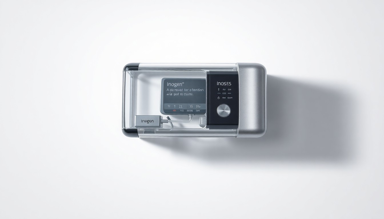 A photorealistic studio still-life image of a sleek, modern medical device made of polished metal and glass, floating on a clean white background with dramatic lighting and shadows, symbolizing Inogen's innovative technology and industry leadership.