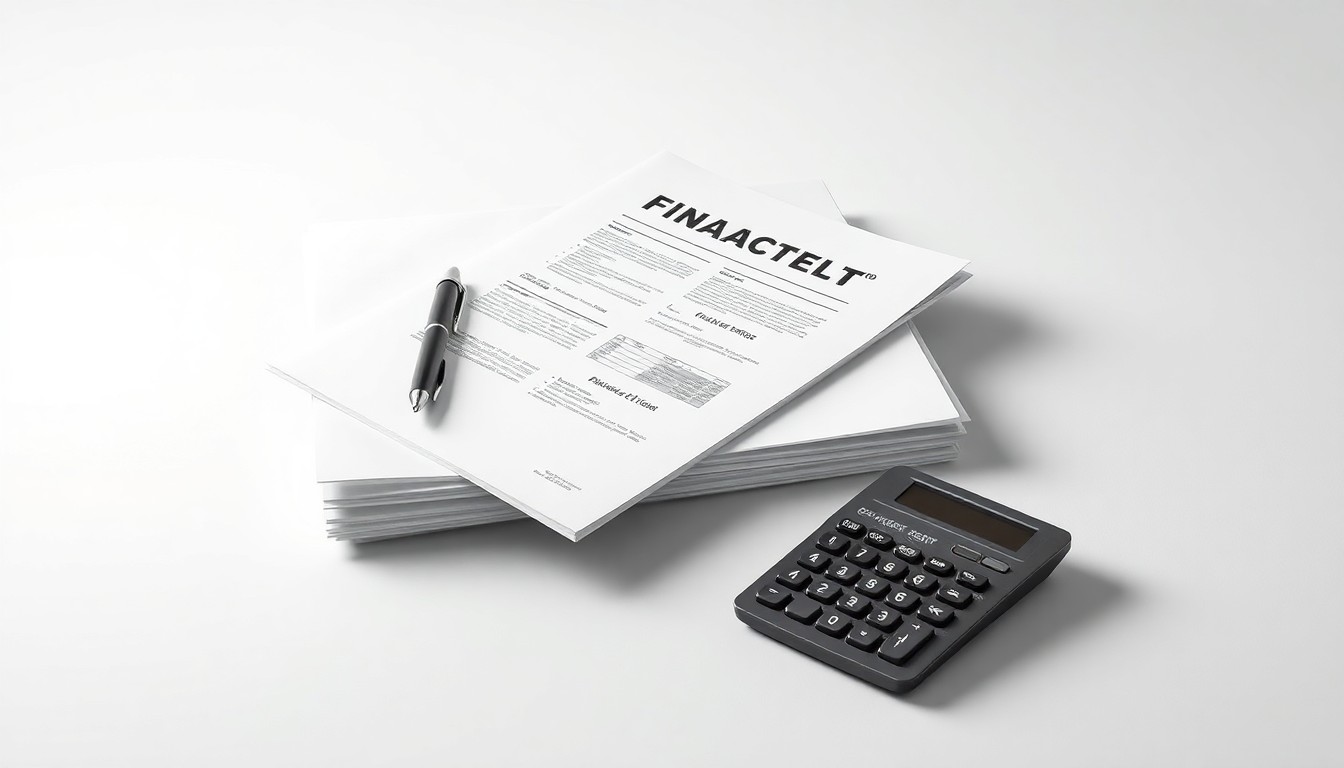 A photorealistic studio still life featuring a stack of financial reports, a pen, and a calculator arranged on a clean white background, conveying the abstract concepts of corporate strategy and finance through polished, geometric objects.