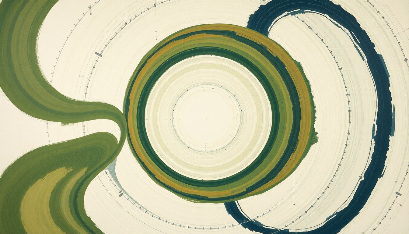 A bold, abstract painting in earthy tones depicting the complex systems and forces involved in the splashdown and recovery of the Artemis II spacecraft, conveying the structural order of the mission without using any text or symbols.