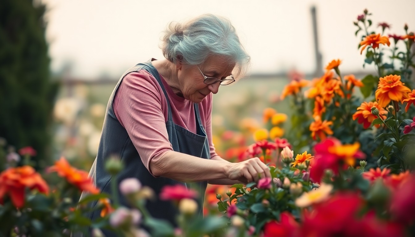 An extremely abstracted, out-of-focus photograph in soft pools of warm color and light, depicting an elderly woman tending to her garden filled with vibrant flowers and greenery.