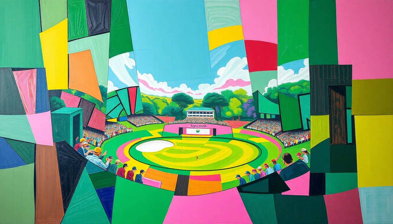 A fractured, multi-perspective painting featuring sharp, overlapping geometric planes in vibrant shades of green, pink, and yellow, conceptually representing the challenges and excitement of a golf tournament at Augusta National.