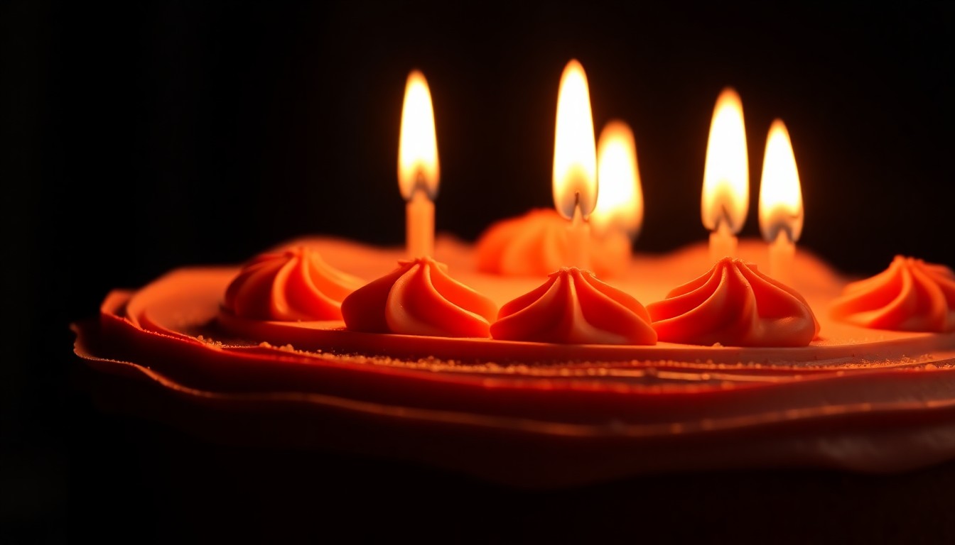 An extreme close-up photograph of a birthday cake with lit candles, the flames casting a warm, glowing light on the rich, textured frosting, capturing the luxurious, tactile qualities of the cake in a high-contrast, glamorous aesthetic.