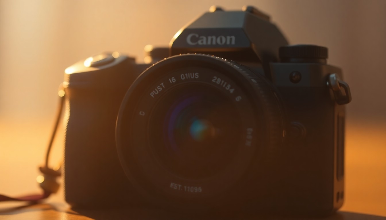 An abstract, impressionistic photograph of a camera lens and body in soft, blurred focus, conveying the artistic and technical growth of a photographer.