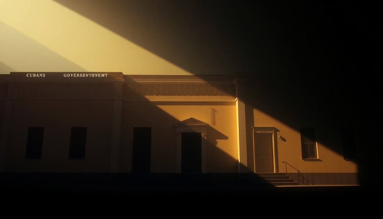 A cinematic painting of a Cuban government building or political office space, with warm sunlight and deep shadows creating a sense of solitude and nostalgia, conceptually representing the ongoing tensions and humanitarian impact of the U.S. embargo on the island nation.
