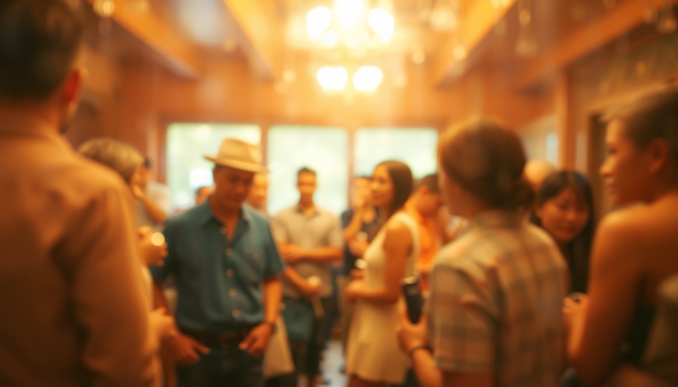 An abstract, out-of-focus scene of people of diverse backgrounds gathered together, conveying a sense of community and shared purpose.