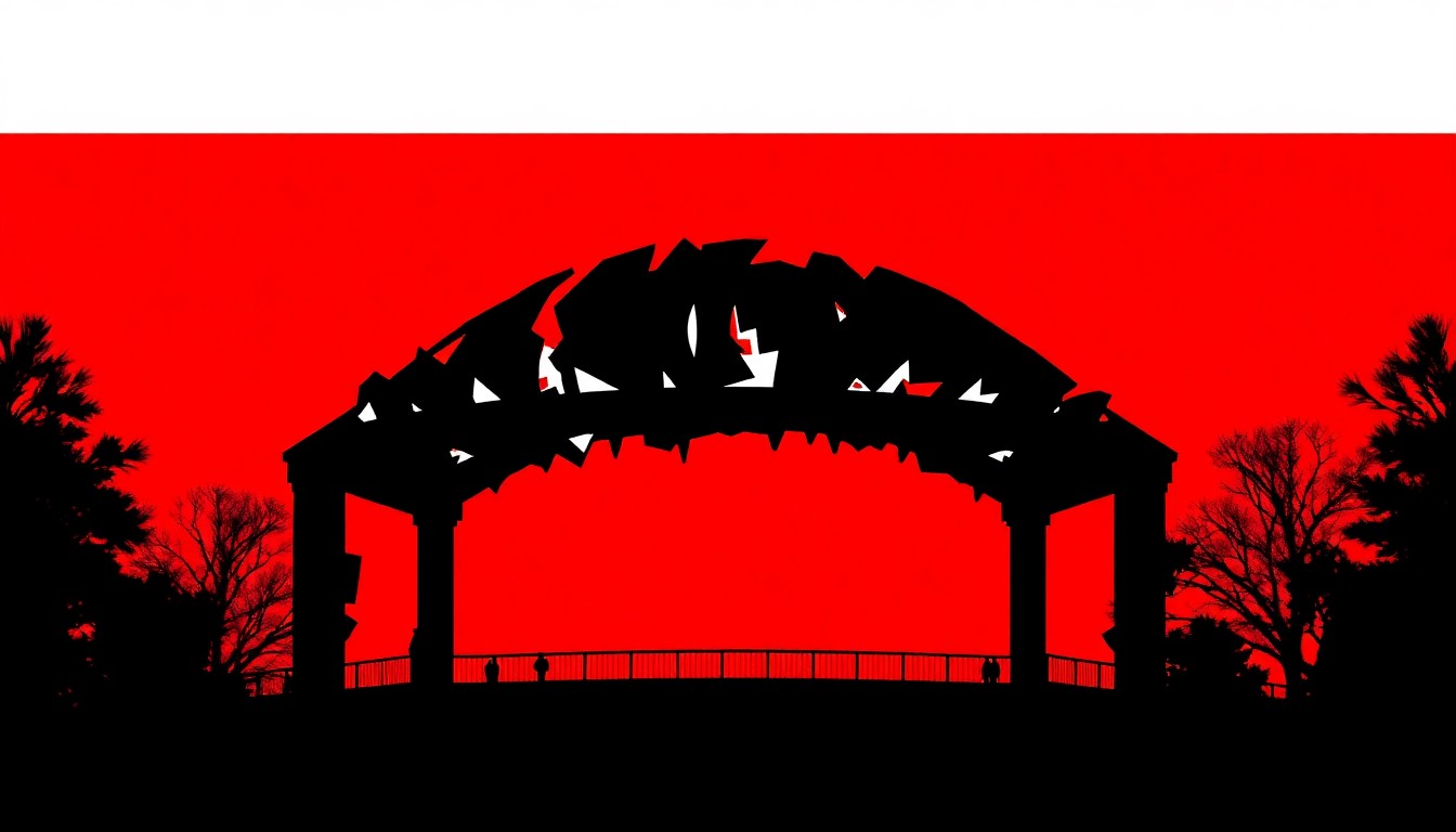 An abstract illustration featuring stark black silhouettes of the damaged City Park Bandshell against a high-contrast background of deep red and bright white, conceptually representing the disruption to this longstanding community tradition.