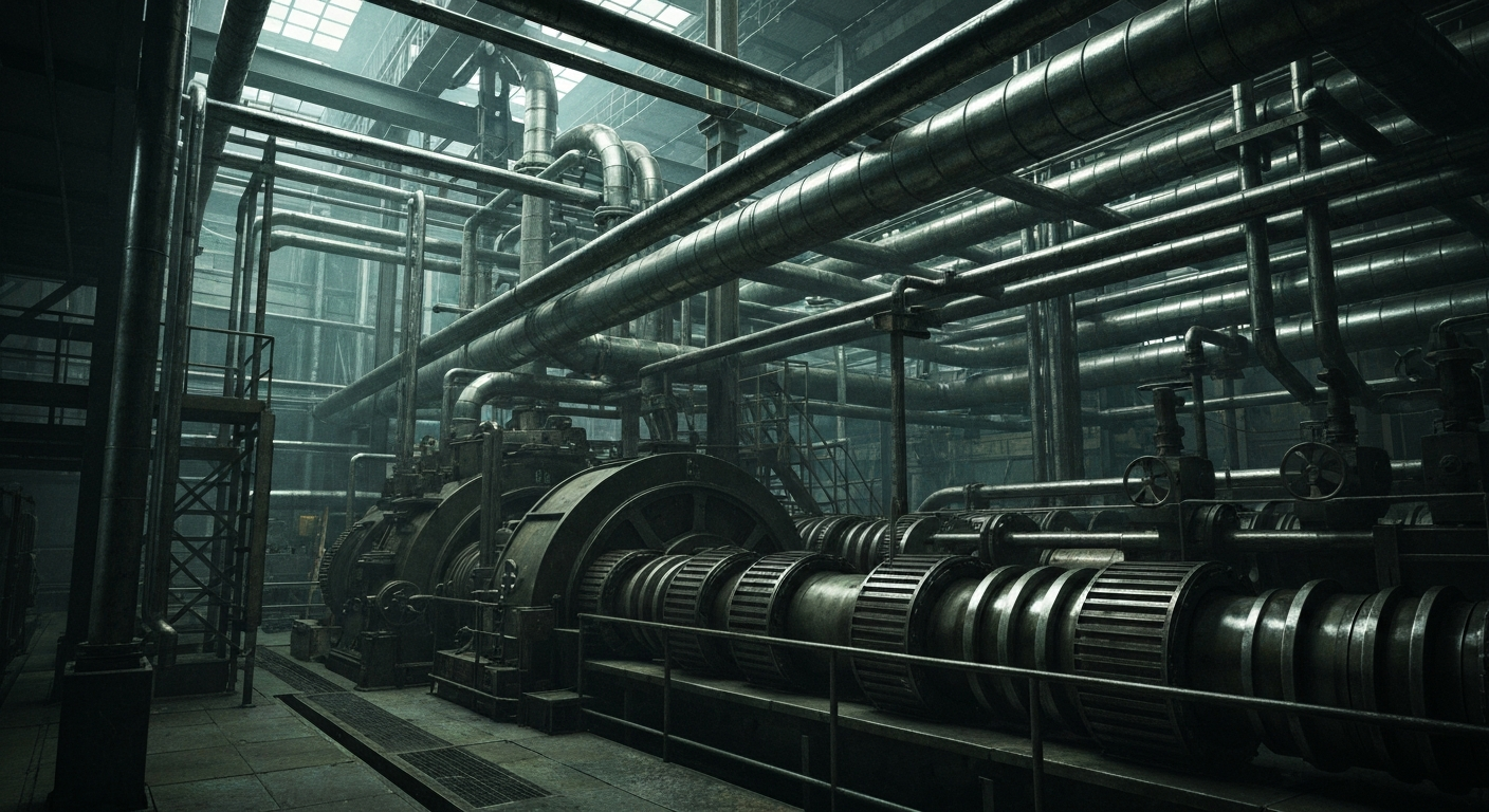 A highly detailed, cinematic close-up image of heavy, industrial machinery and pipes in shades of silver, grey, and black, representing the complex financial infrastructure of a major energy company.
