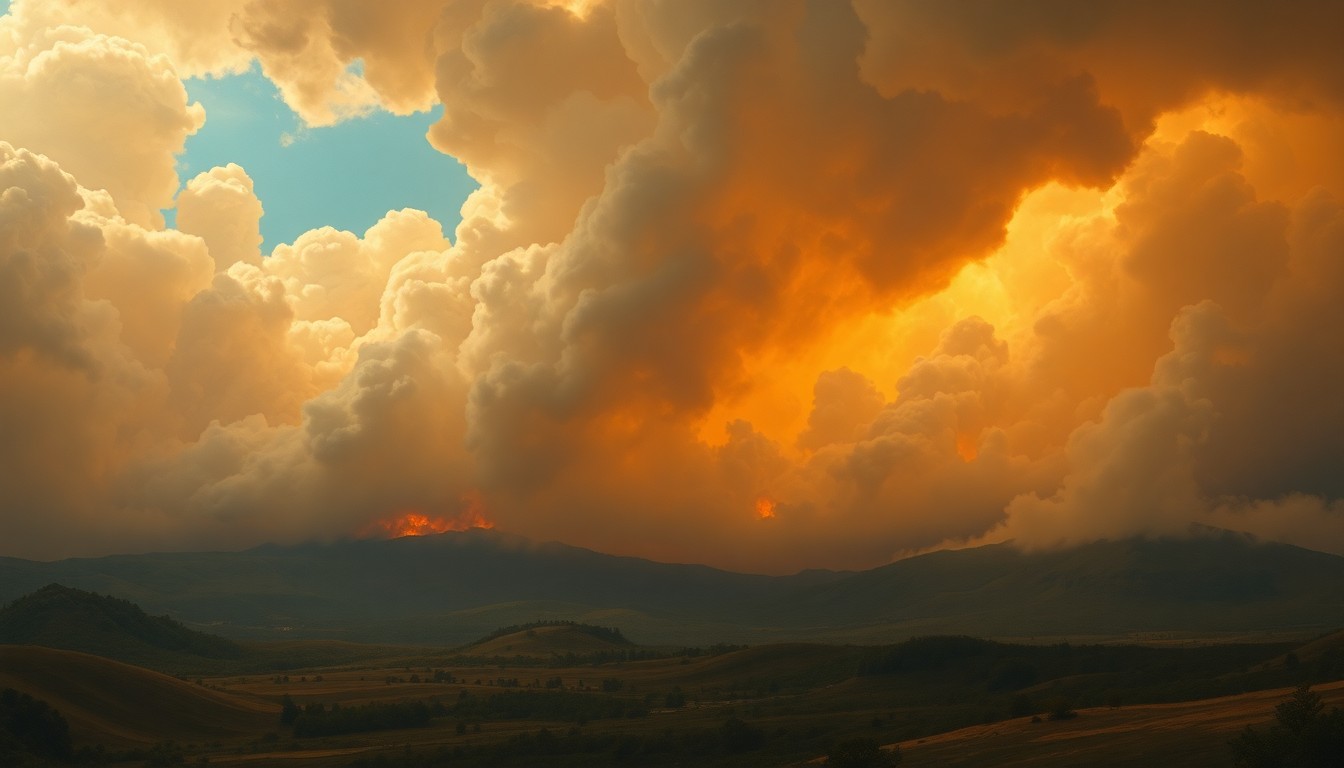 A vast, sweeping landscape painting in muted tones of gray, blue, and orange, with a massive plume of smoke billowing in the distance, obscuring the details of the scene and dwarfing any physical structures or objects in the foreground, conveying the raw power and unpredictability of a natural disaster.