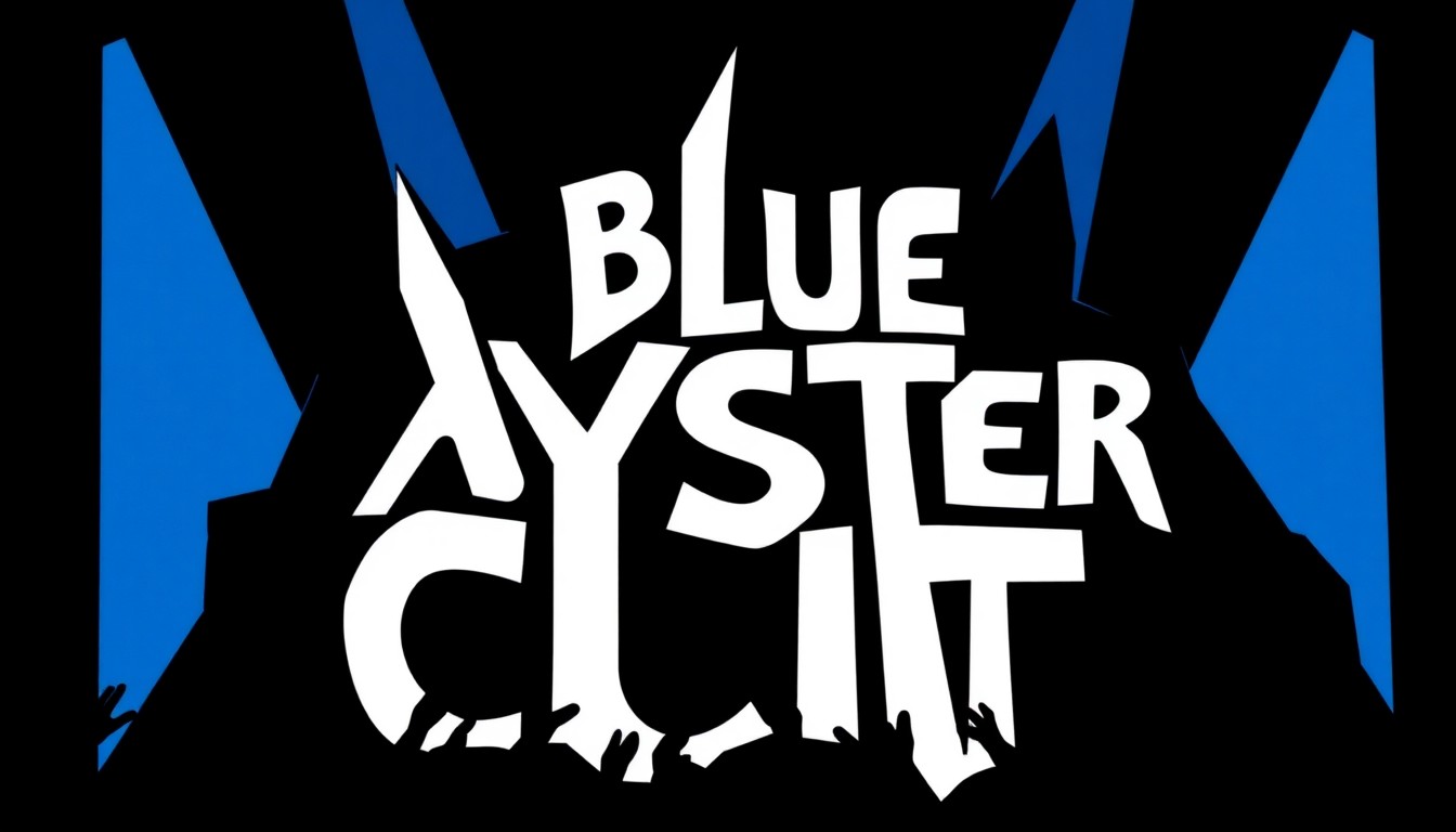 A striking abstract composition of jagged blue and black geometric shapes, representing the iconic Blue Öyster Cult logo and the energy of their live performance.