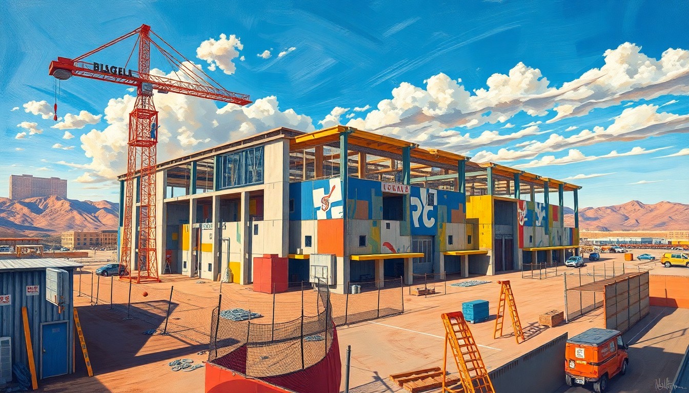 A fractured, multi-perspective painting featuring sharp, overlapping geometric planes in vibrant colors representing the construction materials, sports equipment, and Las Vegas skyline of the Shaquille O'Neal Youth Complex site.