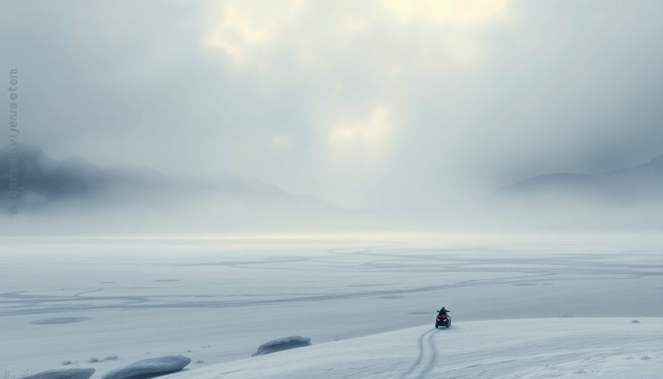 A sweeping, atmospheric landscape painting in muted tones of blue, grey, and white, depicting a frozen lake surrounded by snow-capped mountains. The scene is obscured by a heavy mist, with only the faint outline of a snowmobile trail visible in the distance, conveying the overwhelming scale and power of the natural environment.