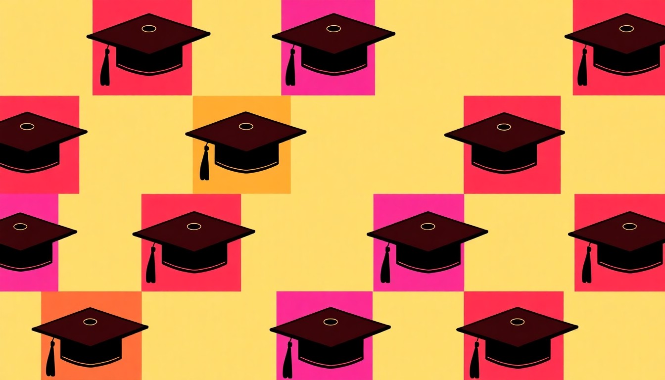 A grid of brightly colored, high-contrast silkscreen graduation cap icons in neon shades of pink, green, and blue, conceptually representing the educational empowerment initiatives in the Rio Grande Valley.