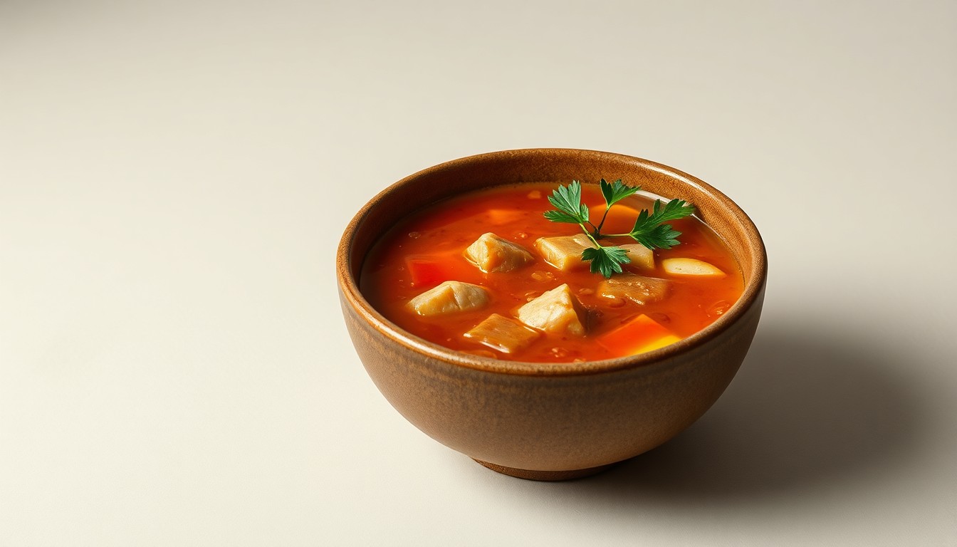 A photorealistic studio still-life photograph featuring a ceramic bowl filled with hearty soup, placed on a clean, monochromatic background and dramatically lit to evoke a sense of community and nourishment.