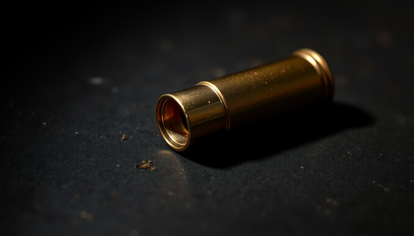 An extreme close-up photograph of a single spent shell casing on a dark, textured surface, lit by a harsh, direct camera flash, conceptually illustrating the physical evidence of a shooting incident.