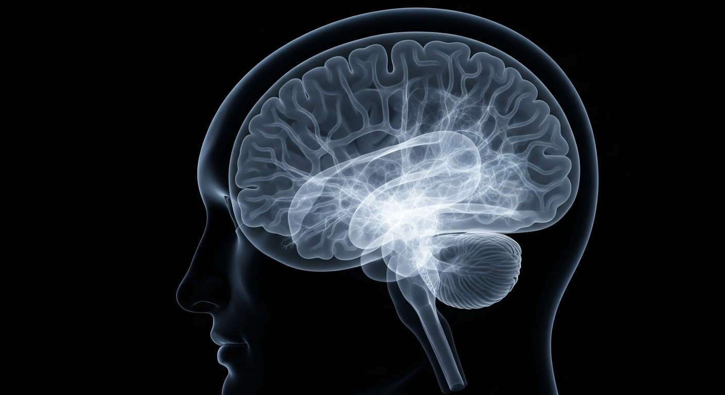 An abstract, ghostly X-ray image of a human brain, the neural pathways glowing against a dark background, conveying the complex inner workings of the mind and the importance of mental health care.