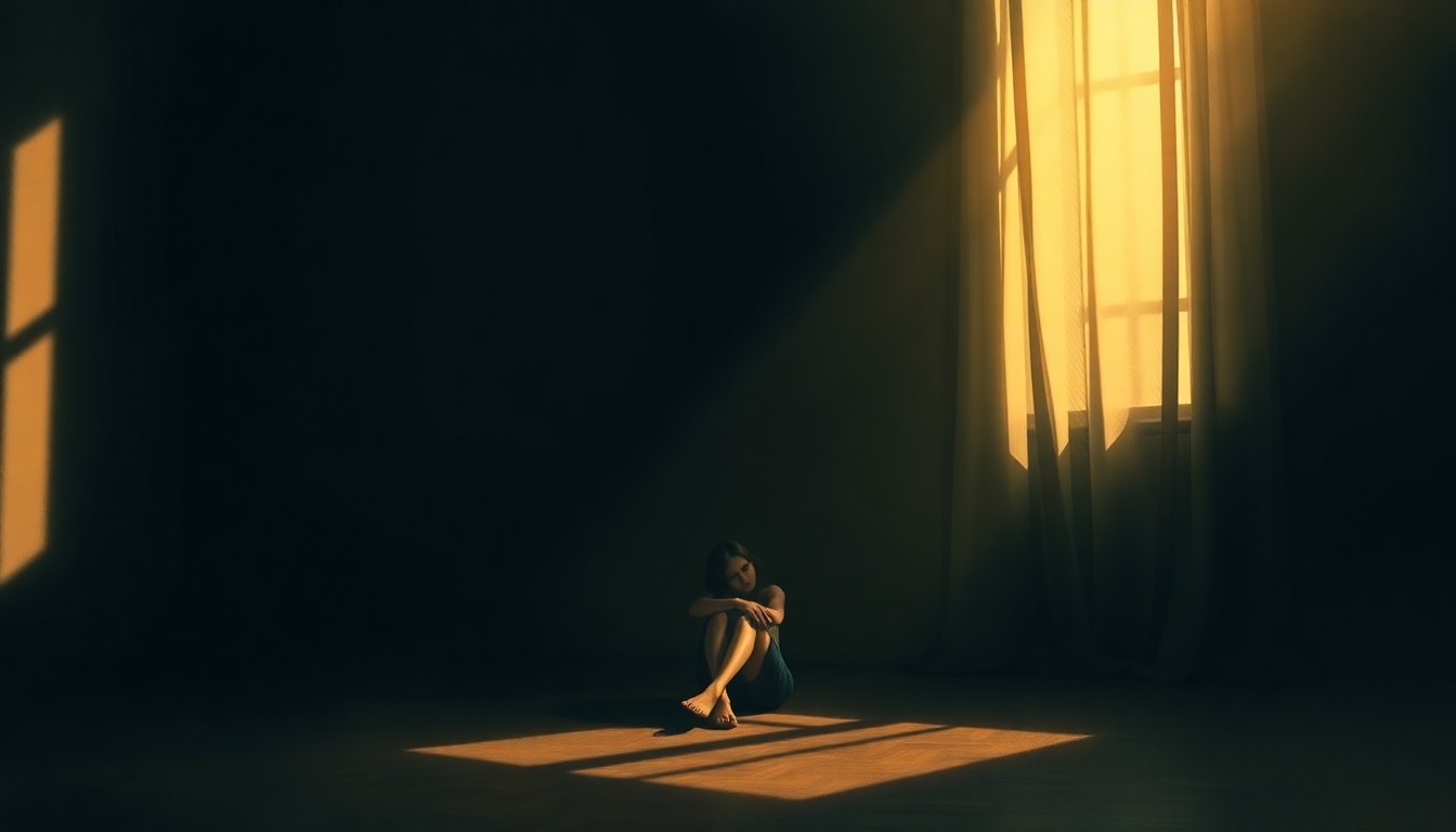 A solitary woman sits alone in a dimly lit room, the warm sunlight casting deep shadows across her face, conveying a sense of isolation and vulnerability.