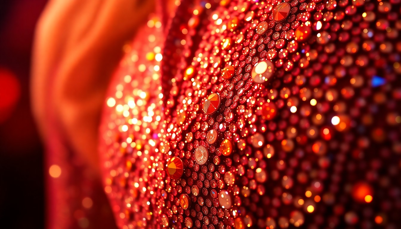 An extreme close-up photograph of shimmering, reflective sequins and sparkling rhinestones, capturing the high-energy glamour and showmanship of a country music concert.