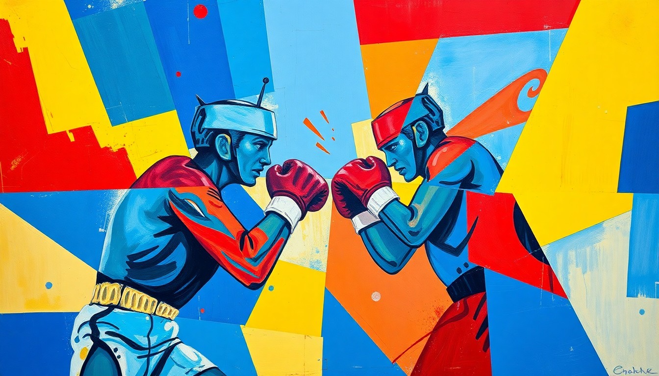 A cubist, geometric painting depicting a fragmented, multi-perspective view of a boxing match, with sharp, overlapping planes of vibrant blue, red, and yellow colors, capturing the chaotic energy and uncertainty of the sport.