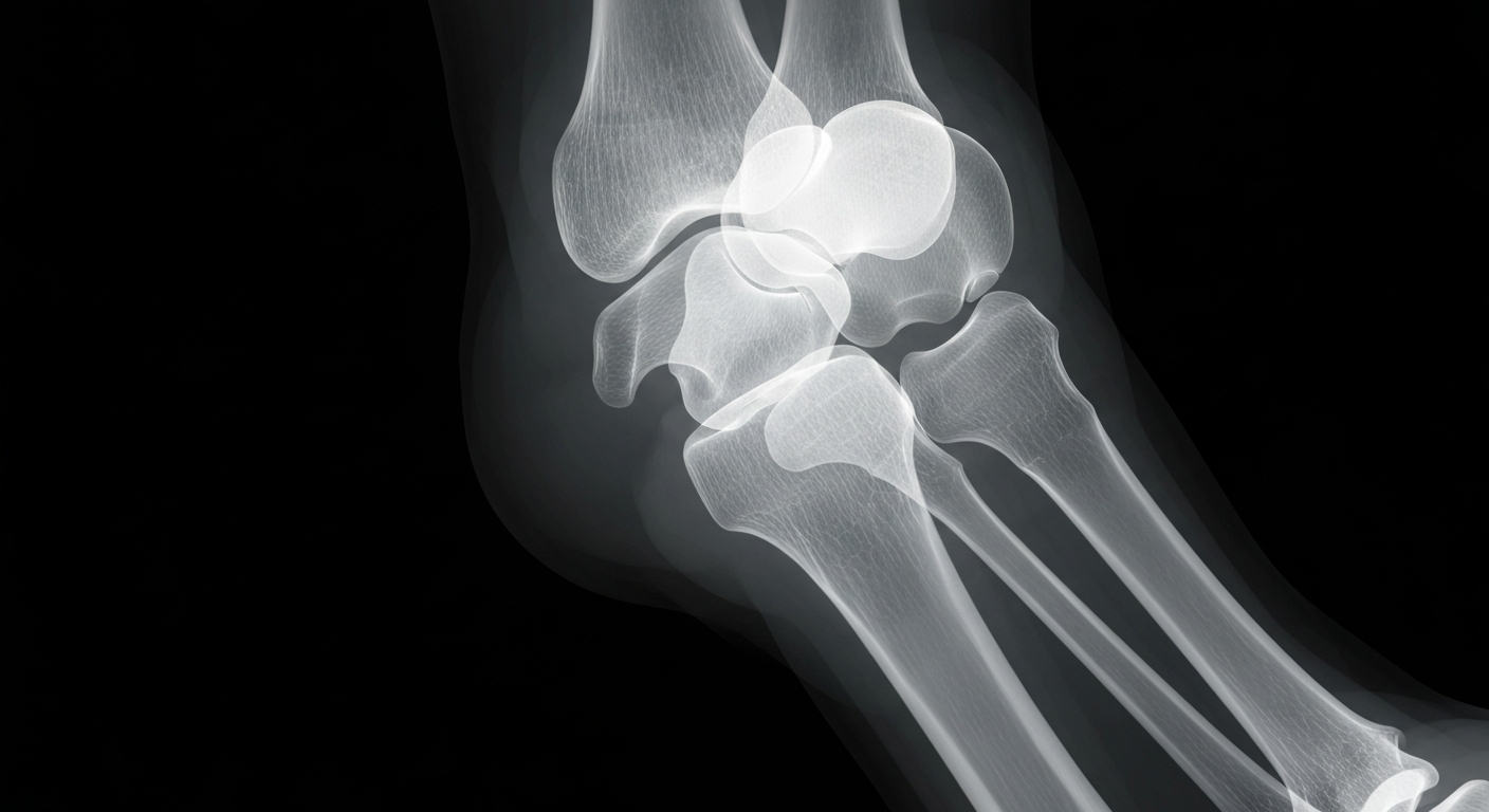 A translucent, ghostly X-ray image revealing the internal bone and ligament structures of a human ankle joint, conceptually illustrating the importance of getting an X-ray to properly diagnose a twisted ankle injury.