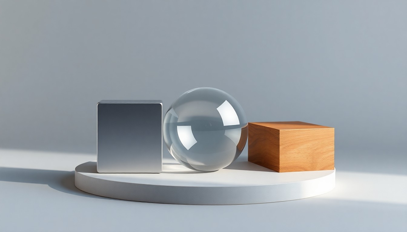 A minimalist studio photograph featuring a sleek metallic cube, a smooth glass sphere, and a polished wooden block arranged elegantly on a clean, monochromatic background, symbolizing the abstract concepts of AI-powered automation, data modeling, and technological innovation.