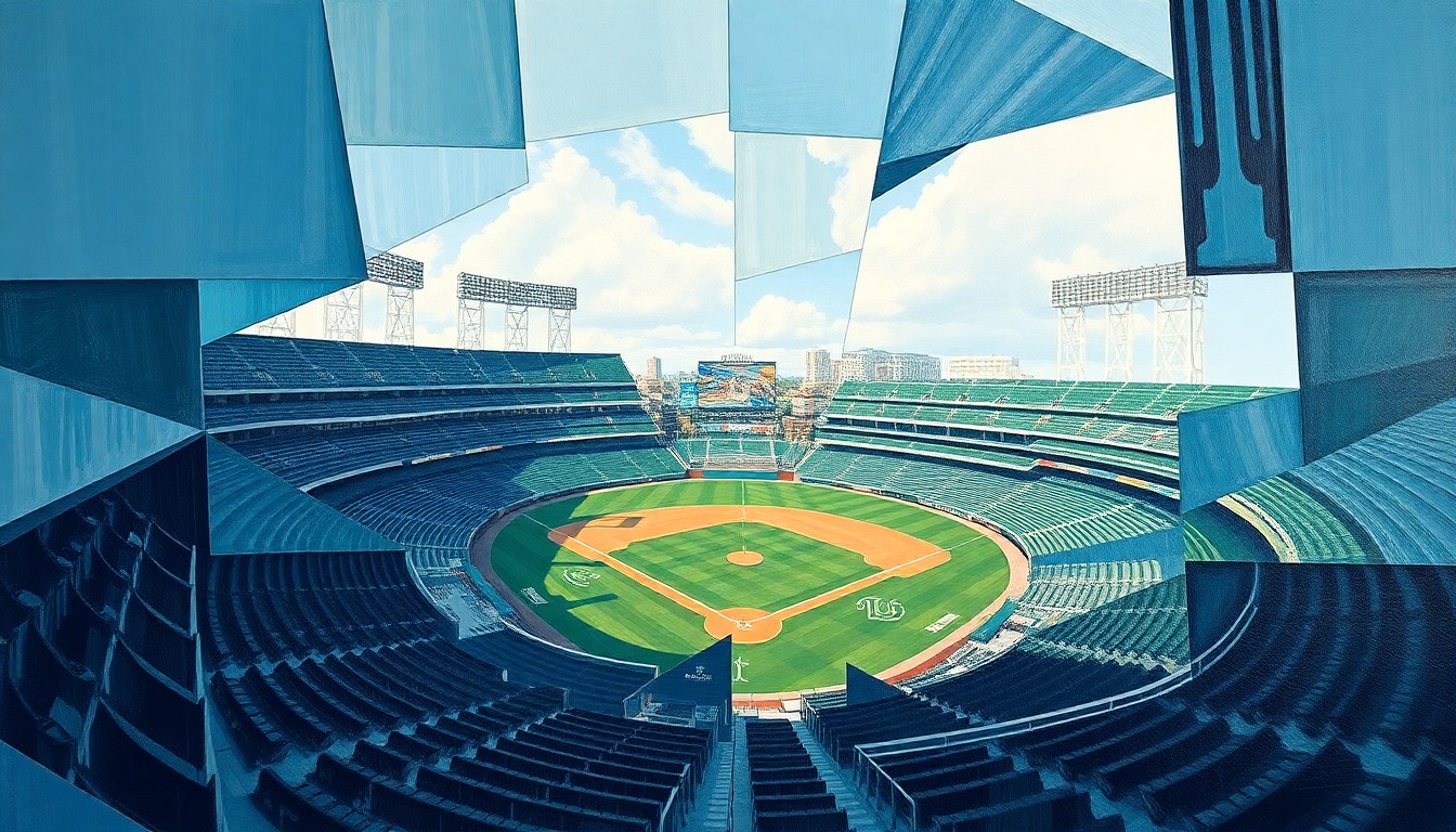 A cubist-style painting depicting the Tropicana Field baseball stadium broken down into overlapping geometric shapes and planes in shades of blue, green, and gray, creating a dynamic and fragmented visual representation of the venue.