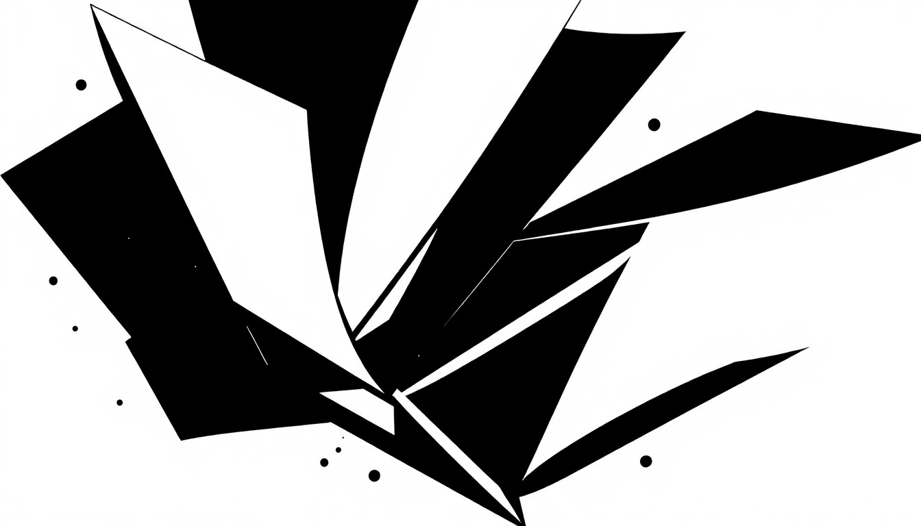 A striking black and white abstract illustration featuring sharp, angular shapes and forms that evoke the interconnected nature of sports trivia and daily puzzle-solving.