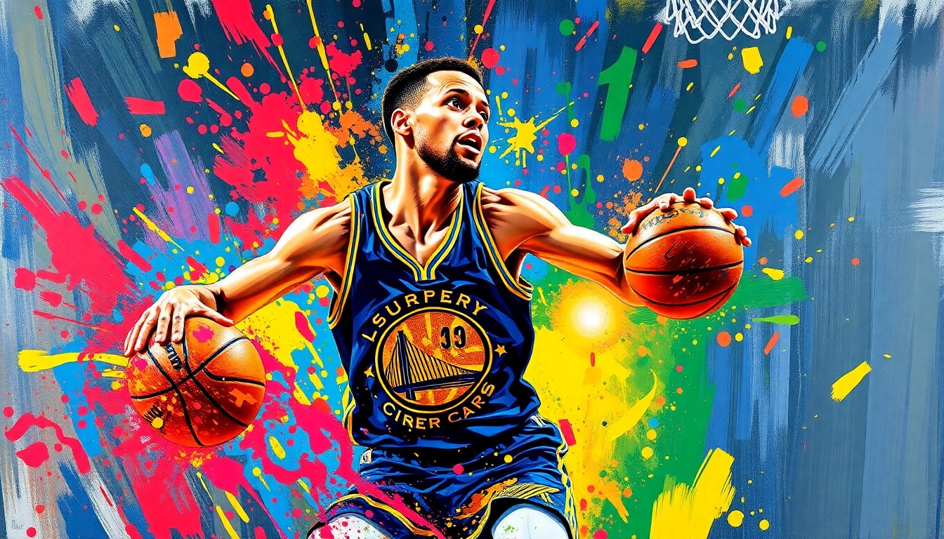 An abstract, expressionist painting featuring bold, neon-colored brushstrokes capturing the dynamic movement and energy of Stephen Curry driving to the basketball hoop, his face and jersey blending into the vibrant, energetic composition.