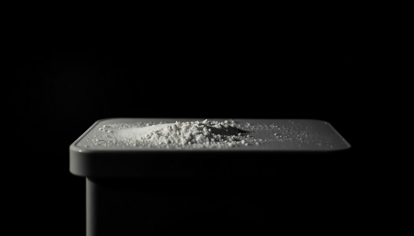 An extreme close-up photograph of a small scale with white powder residue, creating a stark, gritty, investigative aesthetic without any text or identifiable elements.