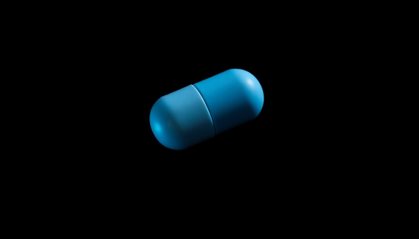An extreme close-up photograph of a blue fentanyl pill against a pitch-black background, lit by a harsh, direct camera flash, conceptually illustrating the dangerous contraband seized at the border.