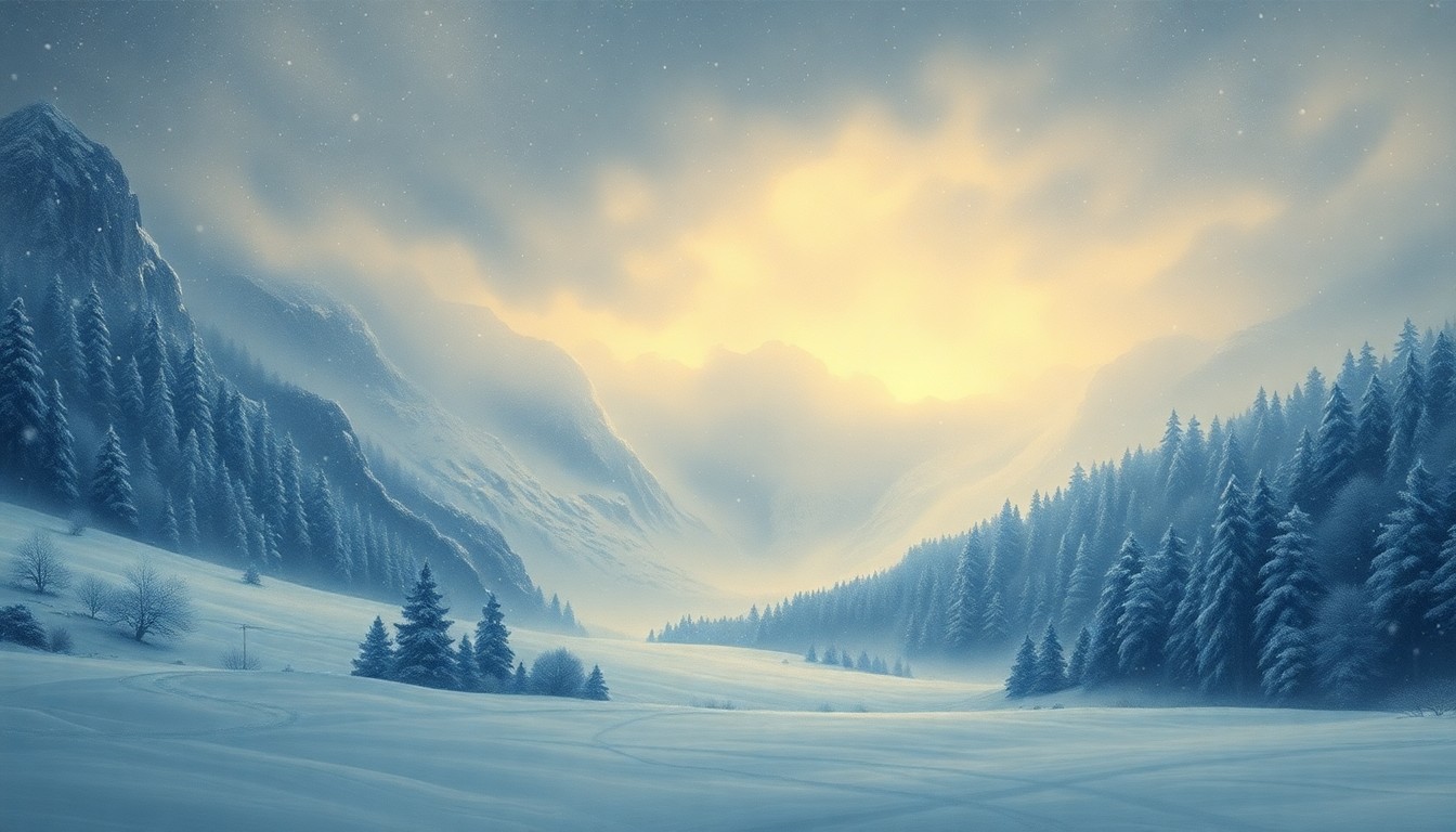 A sweeping, atmospheric landscape painting in muted tones of white, grey, and blue, depicting a vast, snowy expanse with a few indistinct structures barely visible in the distance, conveying the overwhelming scale and power of the winter storm.