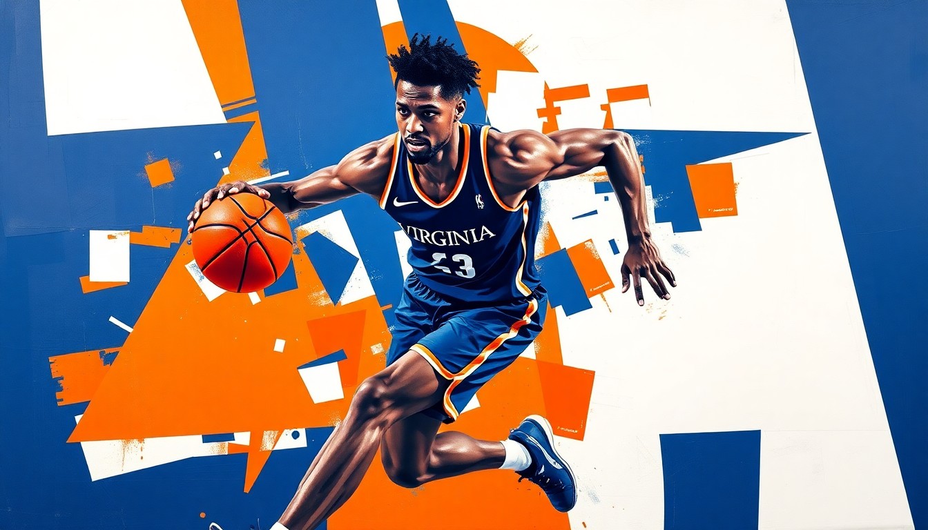 A cubist, geometric painting depicting a basketball player in motion, with sharp planes of navy blue, orange, and white colors representing the University of Virginia's team palette.