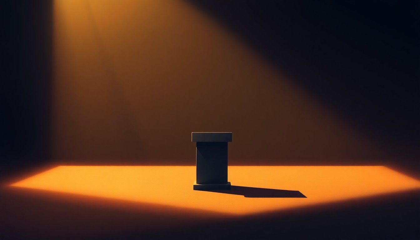 A dimly lit, cinematic painting of a solitary campaign sign or podium, its edges softened by warm, golden light and deep shadows, conveying a sense of political nostalgia and transition.